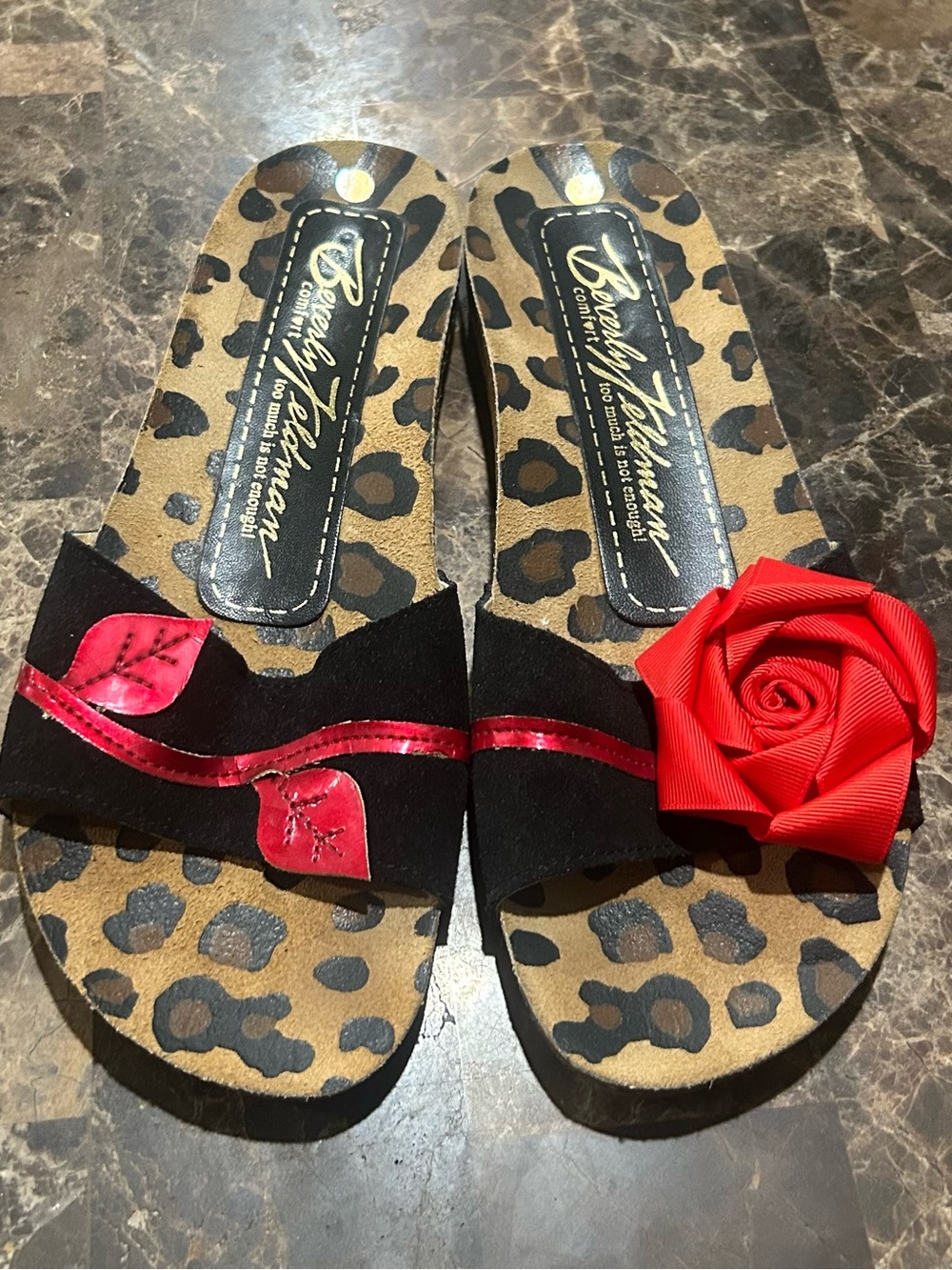Beverly Feldman Rose Leopard Print Sandals